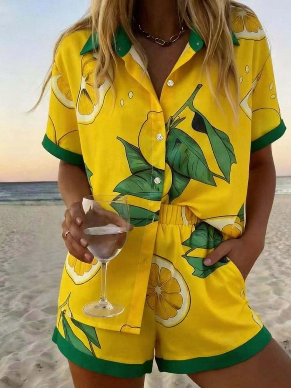 Yellow Casual Women's lemon Print Short Sleeve Shirt And Shorts Suit - Picture 3 of 5